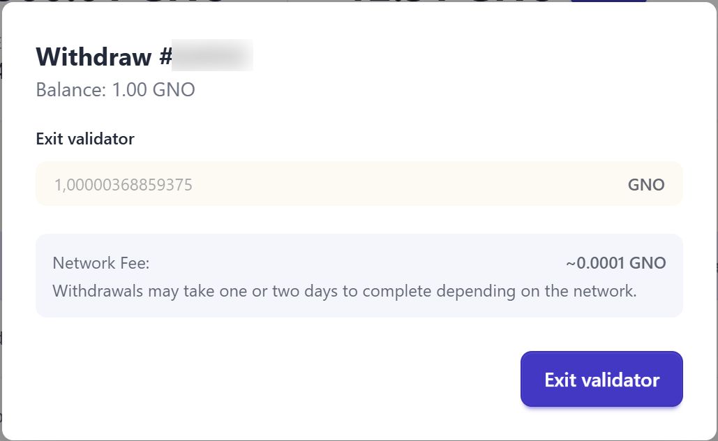 Withdraw panel for a validator, showing its balance, the amount field, network fee, and the Exit validator button